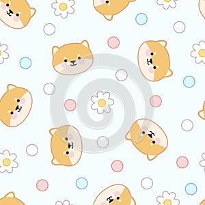 Seamless pattern of cute siba faces, flowers and dots on a blue background.