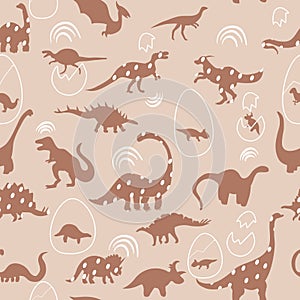 Seamless pattern with cute silhouettes baby dinosaurs. Jurassic,mesozoic reptiles with animal eggs.