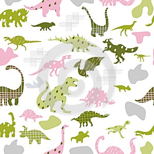 Seamless pattern with cute silhouettes baby dinosaurs. Jurassic,mesozoic reptiles with different prints.