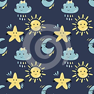 Seamless pattern of cute sky nature characters with smiling face sun, cloud, moon and star on blue background