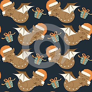 Seamless pattern with cute sleeping dragon in Santa Claus hat in cartoon style