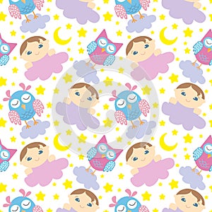 Seamless pattern with cute sleeping owls, baby, moon, stars and clouds. Sweet dreams background. Vector illustration