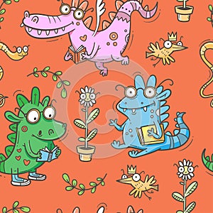 Seamless pattern with  cute smart dragons on red background. Funny crocodiles wallpaper. Reading reptile poster.