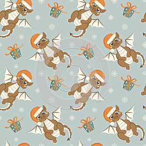 Seamless pattern with a cute smiling dragon wearing a Santa Claus hat, with gift boxes and snowflakes