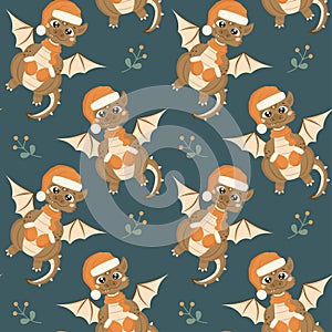Seamless pattern with a cute smiling dragon wearing a Santa Claus hat, mittens, scarf