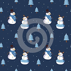 Seamless pattern with cute smiling snowmen and Christmas trees