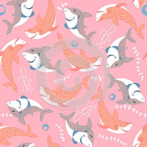 seamless pattern with cute smilling pink and blue baby sharks with leaves on pink background