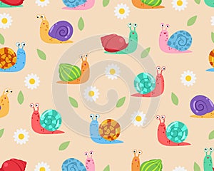 Seamless pattern of cute snail with flower and leaf background