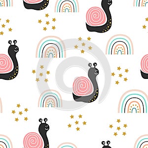 Seamless pattern with cute snail and rainbow photo