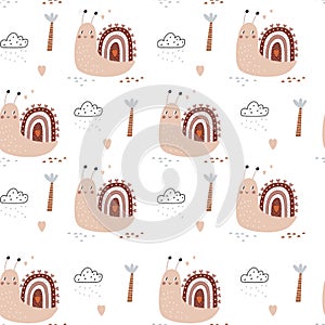 Seamless pattern with a cute snail. Vector illustration
