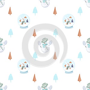 Seamless pattern with cute snowman in a knitted mittens, simple Christmas trees and snow glass globe