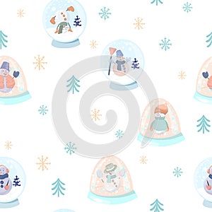 Seamless pattern with cute snowmen in a snow glass globes, simple Christmas trees and snowflakes