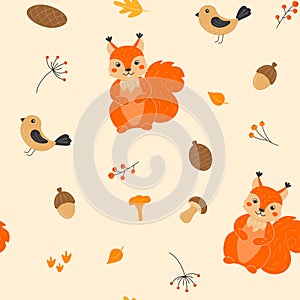 Seamless pattern with cute squirrels, mushrooms, cones, acorns, birds and autumn leaves in cartoon style. Animals in the forest.