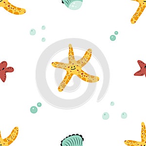 Seamless pattern with cute starfishes and shells