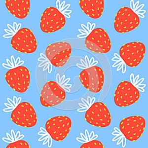 Seamless pattern with cute strawberries on blue - cartoon background for happy summer design 2