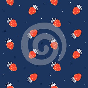 Seamless pattern with cute strawberries on blue - cartoon background for happy summer design