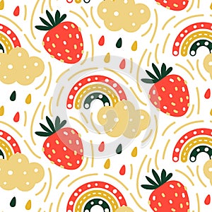 Seamless pattern with cute strawberries clouds and rainbows isolated on white - cartoon background for happy summer design