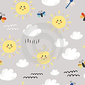 Seamless pattern with cute sun, clouds