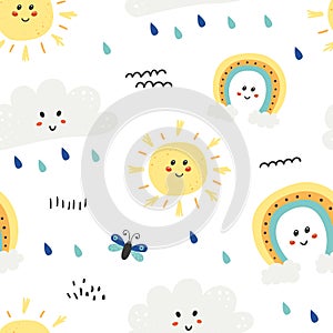 Seamless pattern with cute sun, clouds and rainbow