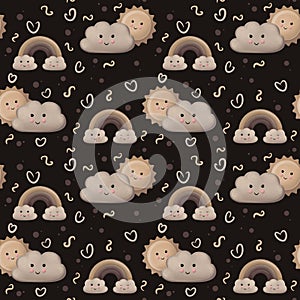 Seamless pattern with cute sun, clouds and rainbow for children
