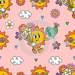 seamless pattern with cute sun, earth, flowers, clouds