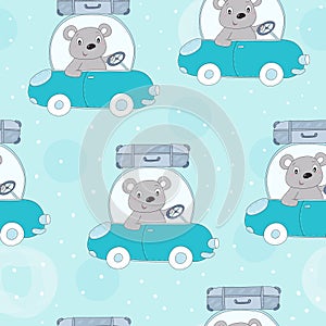 Seamless pattern with cute teddi bear in the car vector illustration
