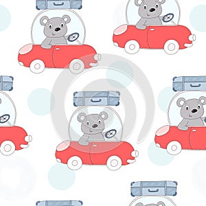Seamless pattern with cute teddi bear in the car vector illustration