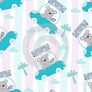 Seamless pattern with cute teddi bear in the car vector illustration