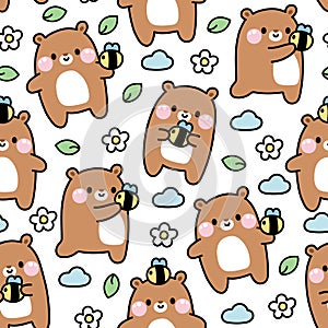 Seamless pattern of cute teddy bear with bee in various poses on white background