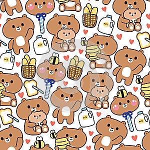 Seamless pattern of cute teddy bear and bee in various poses on white background.Bread