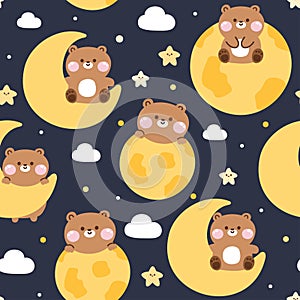 Seamless pattern of cute teddy bear in various poses with moon cloud and star on night sky