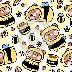 Seamless pattern of cute teddy bear wear bee costume background.Wild animal