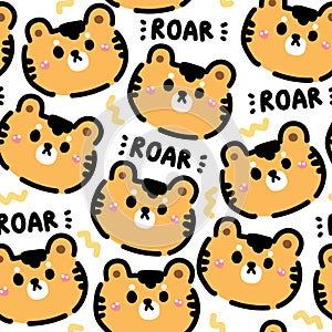 Seamless pattern of cute tiger face with roar word on white background.Wild animal character cartoon design.