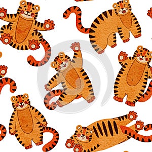 Seamless pattern with cute tiger, muzzles tiger cub with brown stripes, symbol of new 2022 year