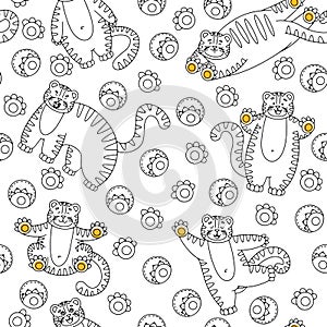 Seamless pattern with cute tiger, muzzles tiger cub with brown stripes, symbol of new 2022 year