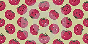 Seamless pattern with Cute tomato fruits in kawaii stele. Funny vegetable in cartoon style. For packaging and web design