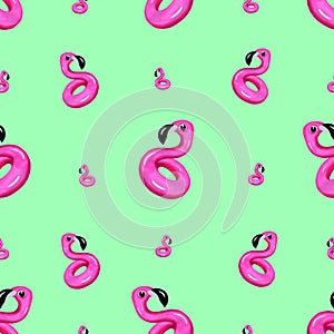Seamless pattern of cute tropical pink flamingo on a color background. Bright summer watercolor illustration of hand