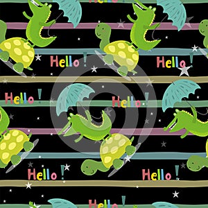 Seamless pattern with cute turtle and crocodile. vector print