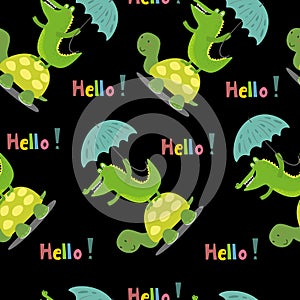 Seamless pattern with cute turtle and crocodile. vector print.