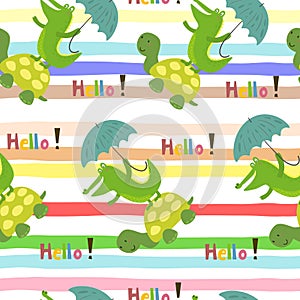 Seamless pattern with cute turtle and crocodile. vector print.