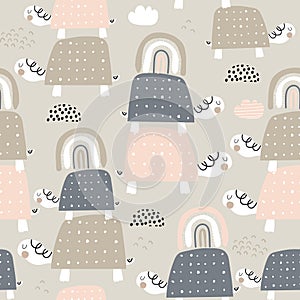 Seamless pattern with cute turtles and rainbows. Creative texture in scandinavian style. Great for fabric, textile Vector