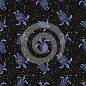 Seamless pattern with cute turtles swimming in the ocean space among stars. Dream, fantasy art flat vector illustration