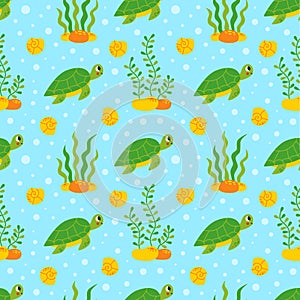Seamless pattern with cute turtles underwater on blue background