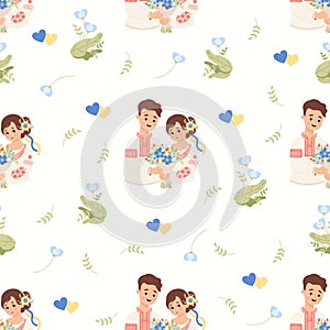 seamless pattern. Cute Ukrainian people. Cute couple man and woman in traditional national embroidered clothes on white