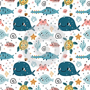 Seamless pattern cute underwater life. Funny cartoon ocean characters, marine world creations, aquatic animals, fishes