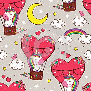 Seamless pattern with cute unicorn is flying in a balloon