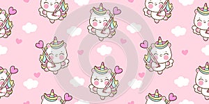 Seamless pattern Cute Unicorn vector pegasus holding love magic wand fly on pastel sky with sweet cloud and heart pony cartoon kaw