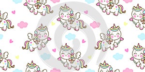 Seamless pattern Cute Unicorn vector pegasus holding magic wand fly on pastel sky with sweet cloud and heart pony cartoon kawaii a