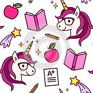 Seamless pattern with cute unicorns with eyeglasses, shooting stars, apples, textbooks, pencils, A-plus test results. Repeat