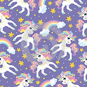 Seamless pattern with cute unicorns on a starry sky vector